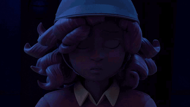a cartoon girl with pink hair and green eyes looks at the camera