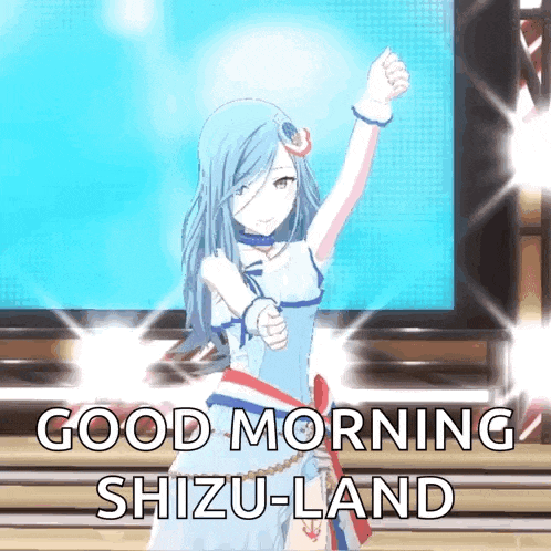 a video game character says good morning shizu-land while dancing on a stage