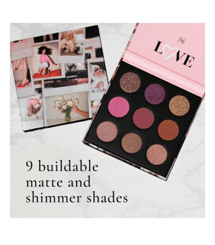 a palette of matte and shimmer shades with the words " 9 buildable matte and shimmer shades " on the bottom
