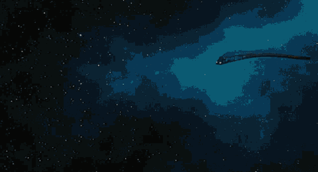a space ship is flying through a dark blue sky