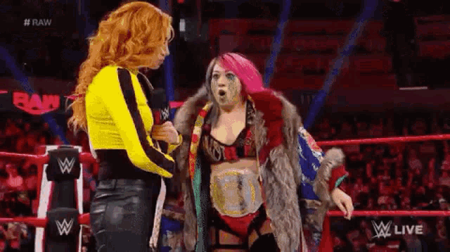 a woman in a fur coat is standing next to a woman in a yellow top in a wrestling ring .