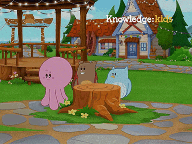 a cartoon scene with the words knowledge kids on the bottom right