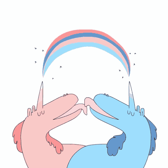 a pink and blue unicorn making a heart with their tongues in front of a rainbow