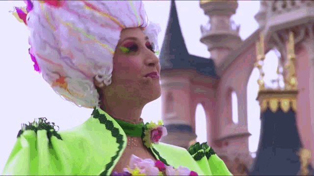 a woman in a fancy dress costume stands in front of a castle