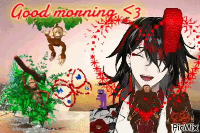 a good morning greeting card with a girl , monkeys and flowers .