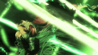 a green light is shining on a plant with a black background