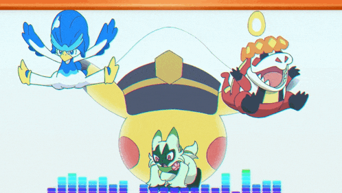 three cartoon characters are standing next to each other in front of a rainbow colored equalizer