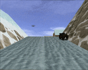 a plane is flying over a snowy mountain while a car is driving down a road