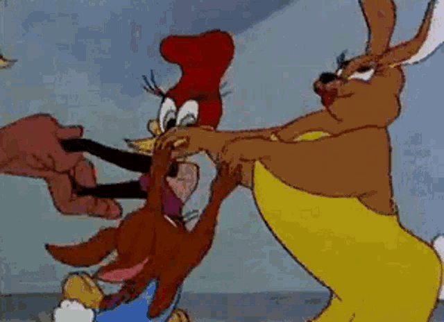 a cartoon rooster and a kangaroo are fighting each other in a cartoon .