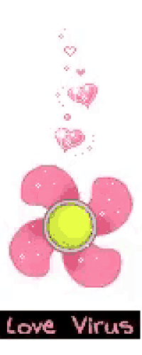 a pink flower with hearts coming out of it and the words `` love virus '' underneath it .