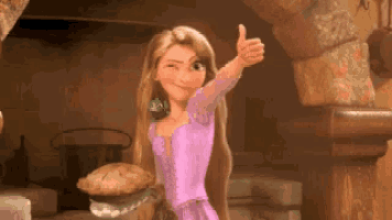 rapunzel is giving a thumbs up while holding a pie .