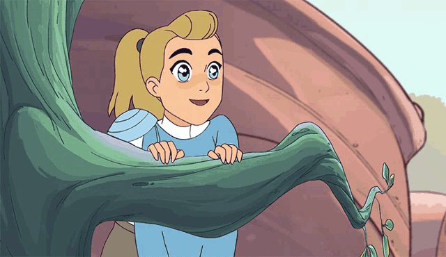 a cartoon of a girl standing next to a tree branch