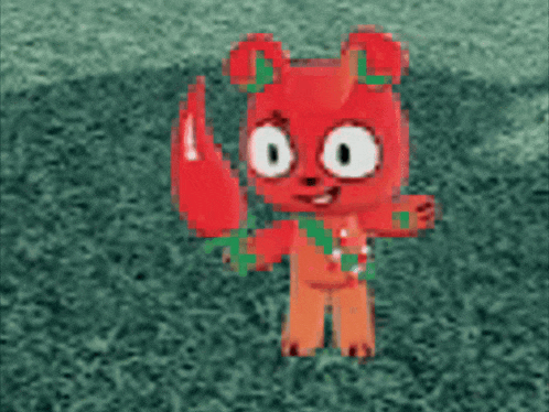 a red cartoon character is standing on a green carpet