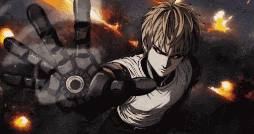 a man in a white shirt is holding a robot hand in front of a fire .