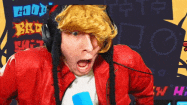 a man wearing headphones and a red jacket screams in front of a screen that says cool bad sweet