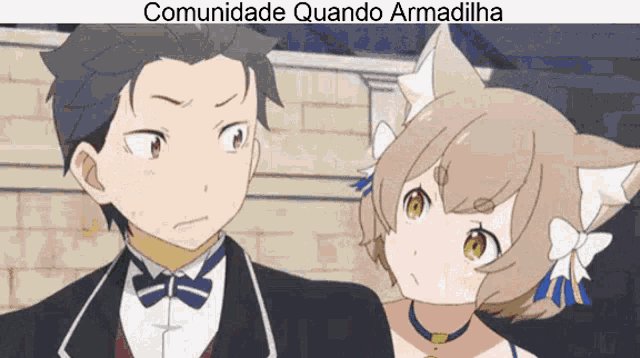 a man and a girl are standing next to each other with the words comunidade quando armadilha above them