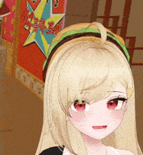 a blonde anime girl wearing a headband with a hamburger on top