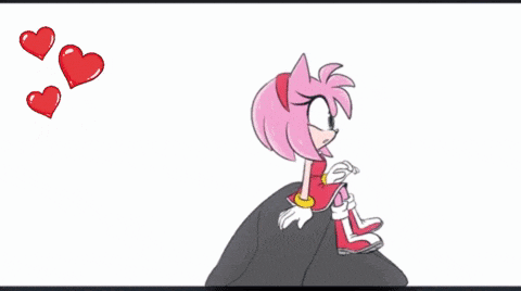 a cartoon of sonic and amy hugging each other with hearts in the background