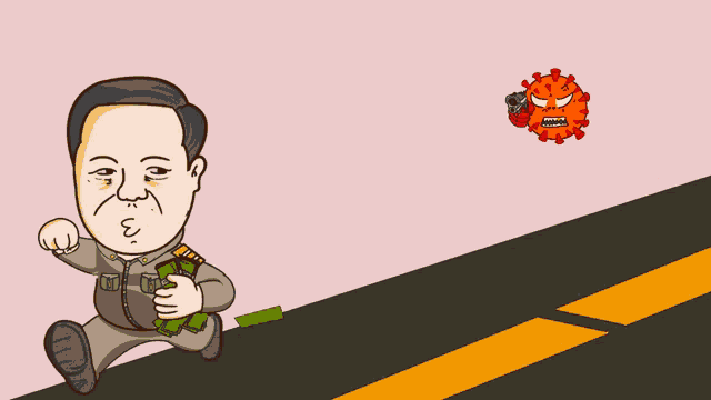 a cartoon illustration of a man running away from a virus