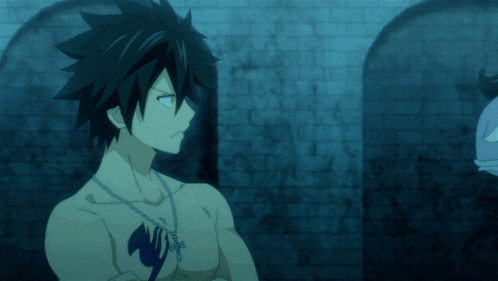 a shirtless anime character with a fairy tail tattoo