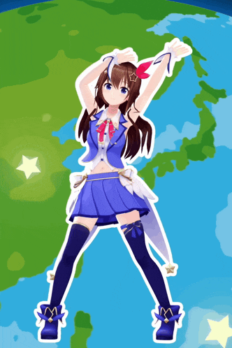 a girl in a blue dress is standing in front of a map of the earth