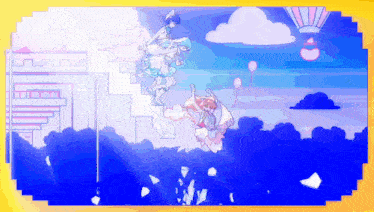 a cartoon scene with a hot air balloon and a castle in the background