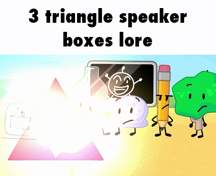 a group of cartoon characters standing next to each other with the words 3 triangle speaker boxes lore on the top
