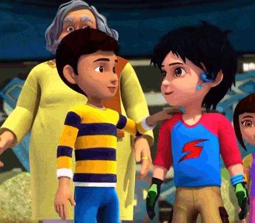a group of cartoon characters standing next to each other with one wearing a blue shirt with a lightning bolt on it