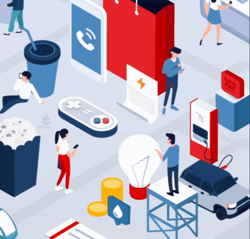 an isometric illustration of people surrounded by various objects including a game controller
