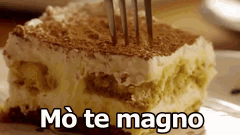 a piece of cake with a fork in it and the words mo te magno below it