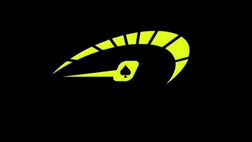 a yellow speedometer with a spade in the middle on a black background