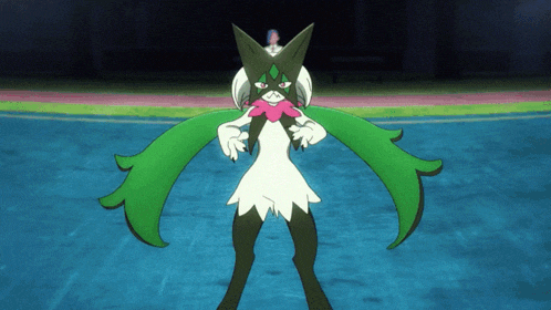 a cartoon character with green and white wings and a pink flower on her head