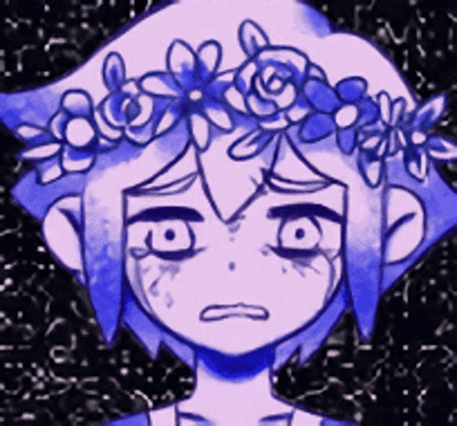 a cartoon character with a flower crown on his head is crying .