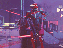 a robot holding a large gun in a video game scene