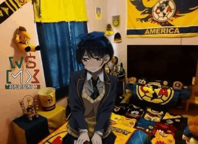 a girl is sitting on a bed in a room with a sign that says america on it