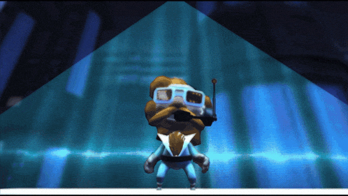 a cartoon character with a mustache and goggles stands in a dark room