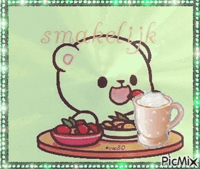 a picture of a bear eating strawberries and a cup of coffee