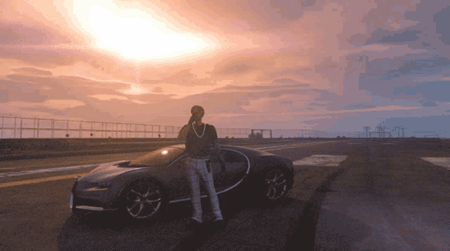 a man with a necklace stands next to a car