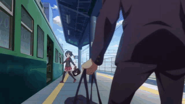 a man in a suit is walking towards a train with a woman standing in front of it