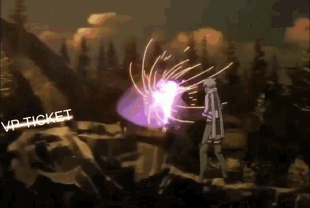 a person is standing on a rock with a purple light coming out of their hand with the words vip ticket written below them