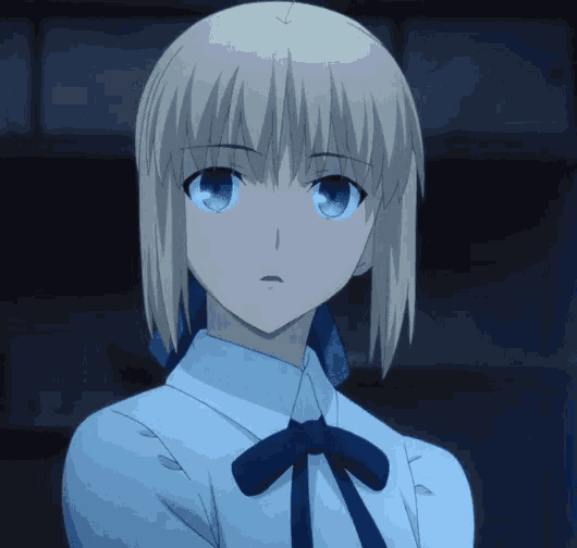 a blonde anime character with blue eyes and a blue bow tie