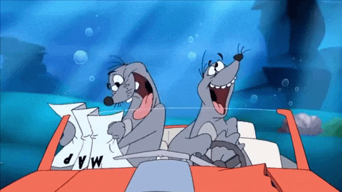 two cartoon mice are sitting in a car with a map on the back seat