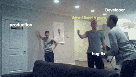 a group of men are dancing in a living room with the words " production " and " developer " visible