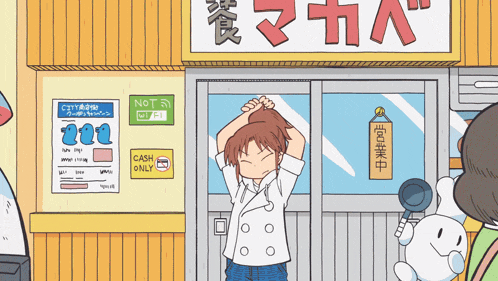 a cartoon drawing of a person standing in front of a store that says cash only
