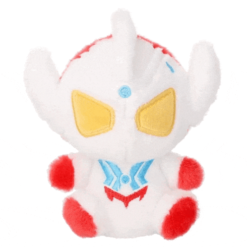 the back of a red and white stuffed animal with a blue toy