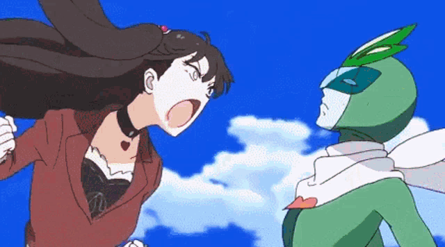 a cartoon of a girl and a green man fighting
