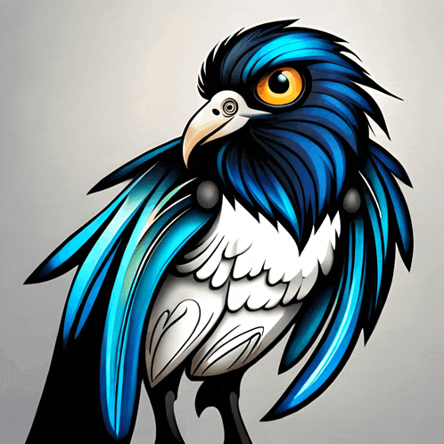 an illustration of a bird with blue feathers and orange eyes