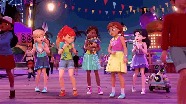 a group of cartoon girls are standing in a crowded area