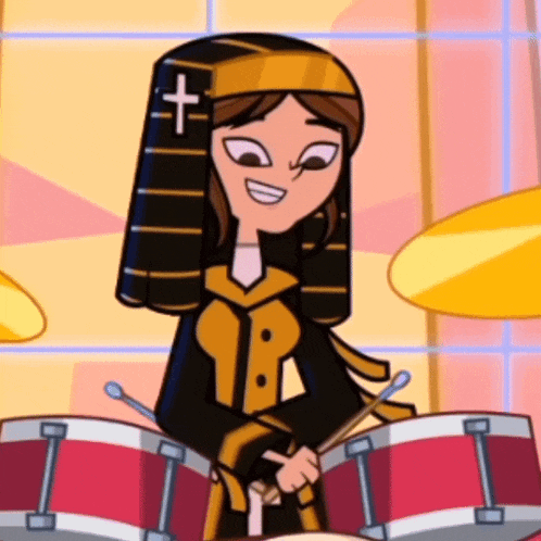 a cartoon girl with a cross on her head playing drums