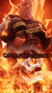 a man in a black shirt is surrounded by flames and a skull with the words captmattdevilsrejects below him